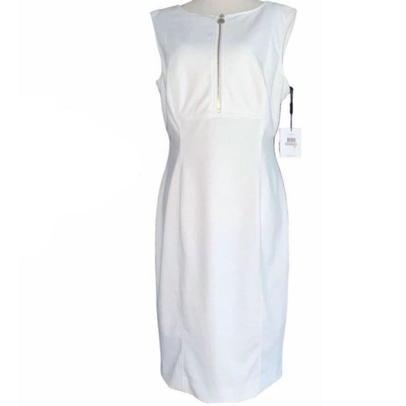 CALVIN KLEIN “IVY” SHEATH DRESS, LINED, WHITE, GOLD HALF ZIP IN FRONT | NEW | 12 - Picture 3 of 11
